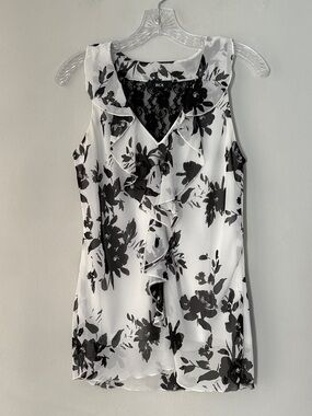 BCX Floral Ruffle Lace-Trim Sleeveless Blouse Top Size M Black & White